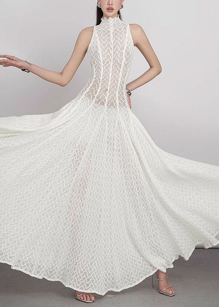 Lace Hollow Out Dress White Elegant Sleeveless Solid Maxi FashionChic