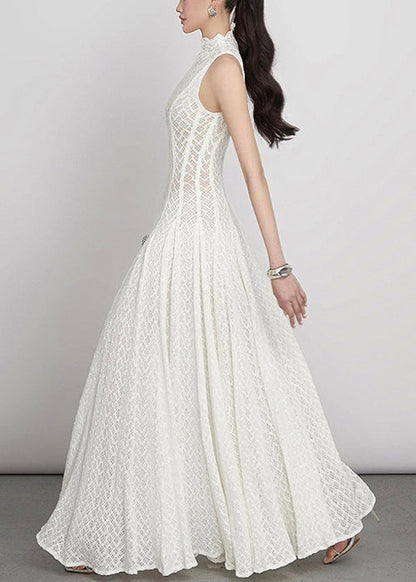 Lace Hollow Out Dress White Elegant Sleeveless Solid Maxi FashionChic