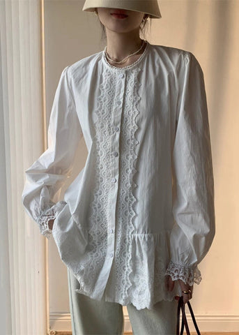 Cotton Button Lace Shirt White Elegant Fall FashionChic