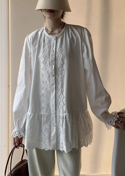 Cotton Button Lace Shirt White Elegant Fall FashionChic