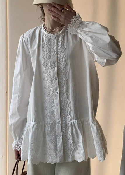 Cotton Button Lace Shirt White Elegant Fall FashionChic