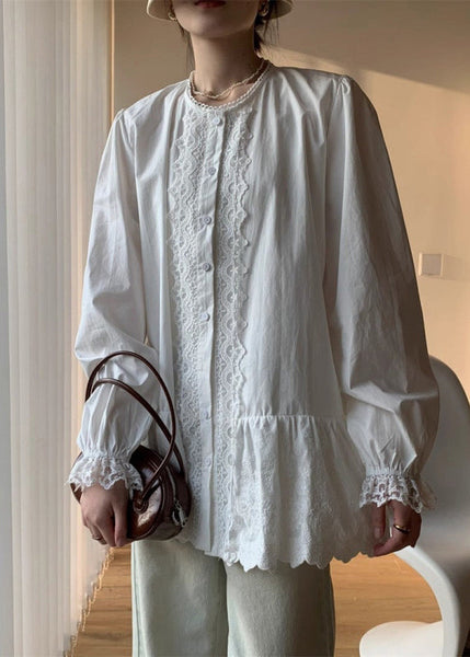 Cotton Button Lace Shirt White Elegant Fall FashionChic