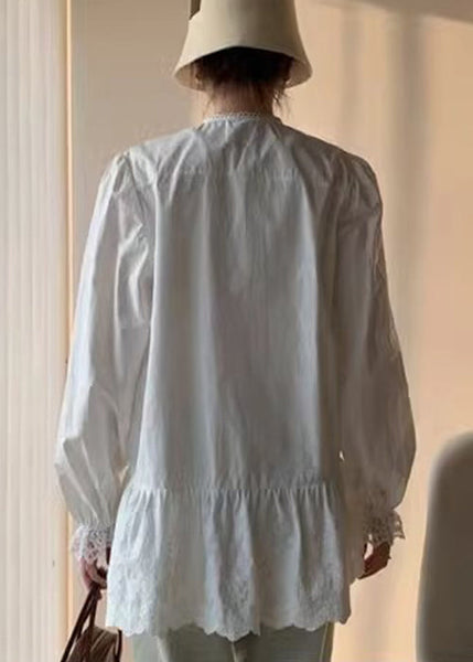Cotton Button Lace Shirt White Elegant Fall FashionChic