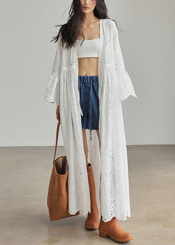 Elegant White Lace Up Hollow Out Cotton Dresses Flare Sleeve ZL056 SH-LF-SDL240621