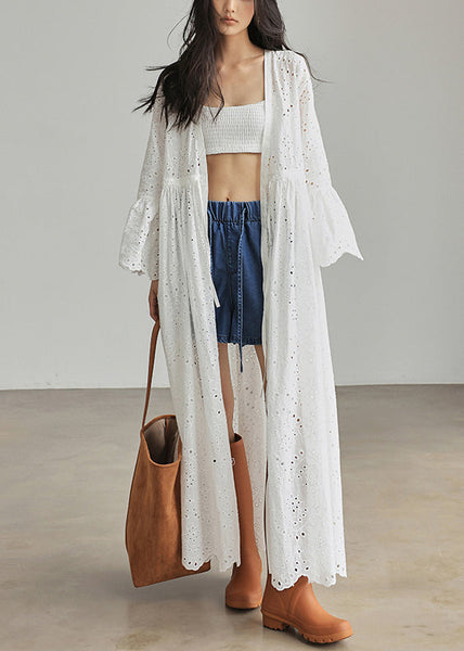 Elegant White Lace Up Hollow Out Cotton Dresses Flare Sleeve ZL056 SH-LF-SDL240621