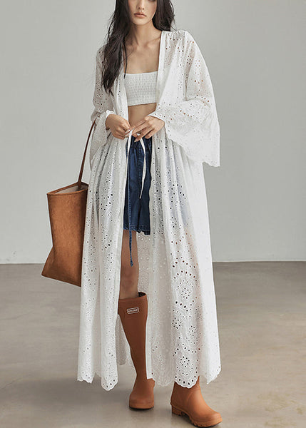 Elegant White Lace Up Hollow Out Cotton Dresses Flare Sleeve ZL056 SH-LF-SDL240621