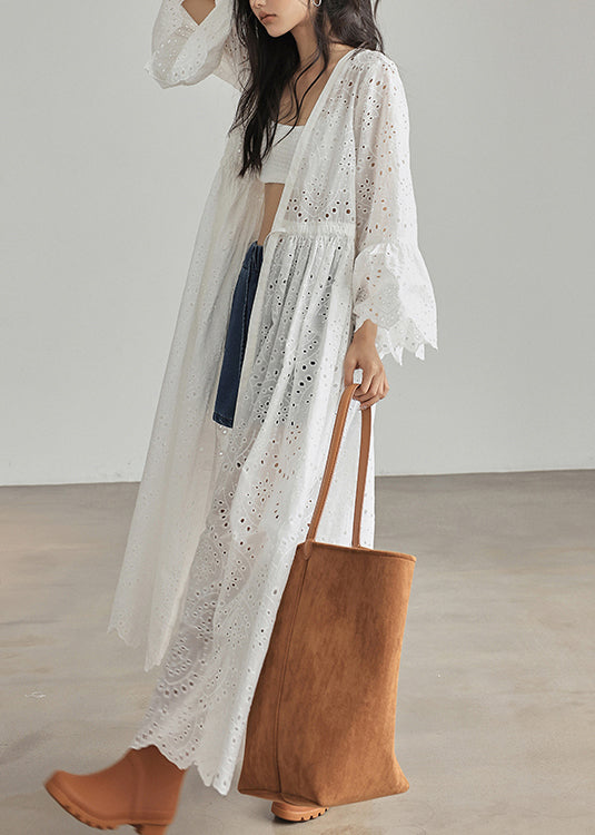 Elegant White Lace Up Hollow Out Cotton Dresses Flare Sleeve ZL056 SH-LF-SDL240621