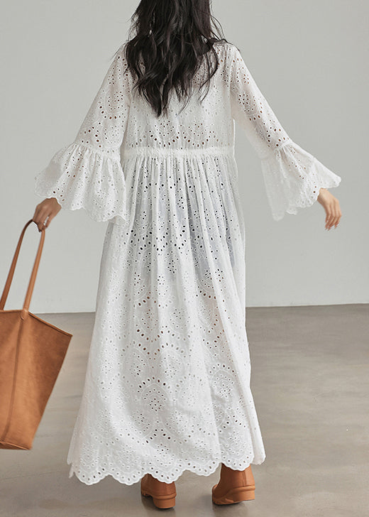 Elegant White Lace Up Hollow Out Cotton Dresses Flare Sleeve ZL056 SH-LF-SDL240621