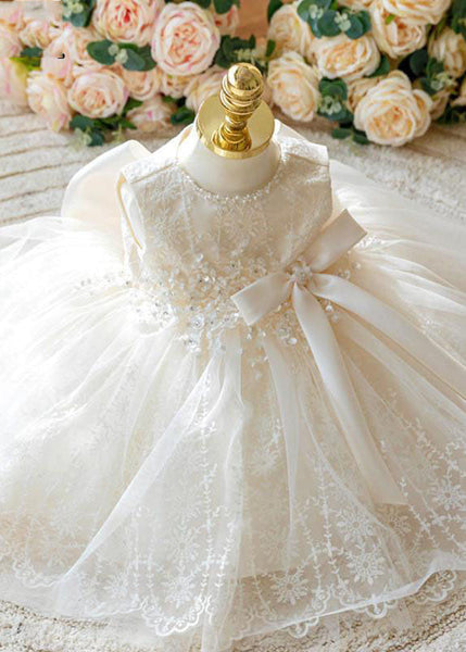 Elegant White Nail Bead Embroideried Tulle Girls Long Dress Sleeveless YS016 ABC