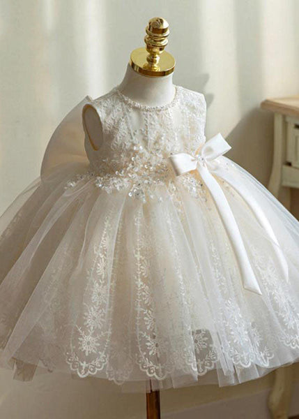 Elegant White Nail Bead Embroideried Tulle Girls Long Dress Sleeveless YS016 ABC