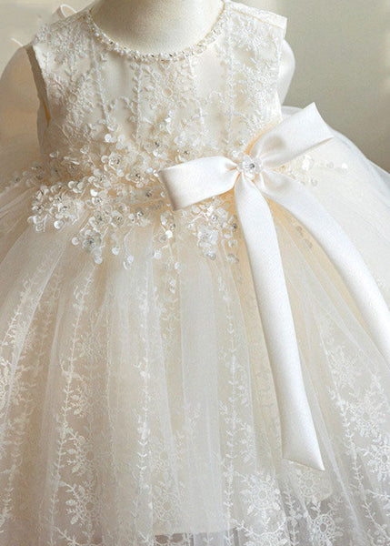 Elegant White Nail Bead Embroideried Tulle Girls Long Dress Sleeveless YS016 ABC