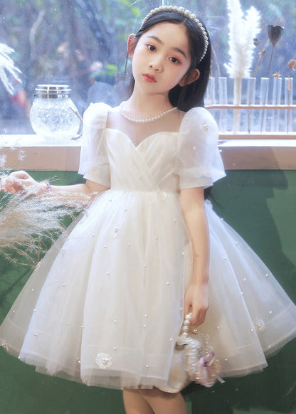 Elegant White Nail Bead Floral Tulle Kids Long Dresses Summer QV013 WS-JRTZSDGL241026