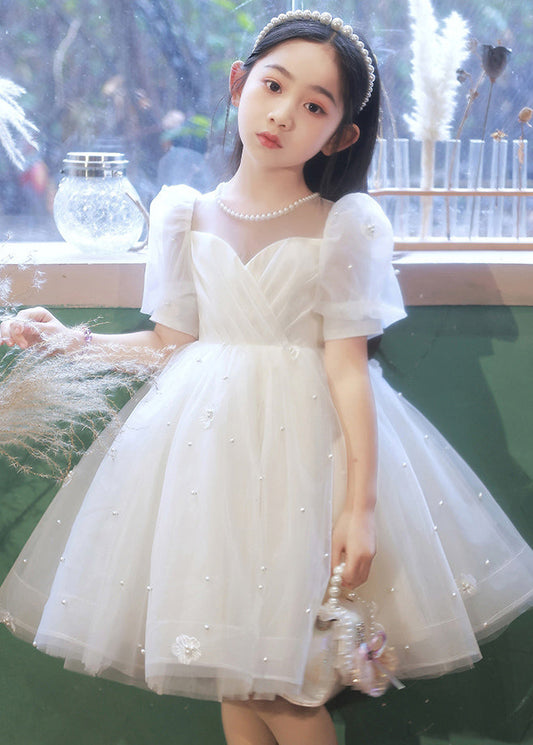 Elegant White Nail Bead Floral Tulle Kids Long Dresses Summer QV013 WS-JRTZSDGL241026