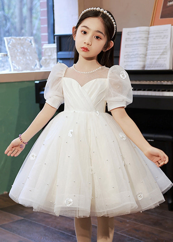 Elegant White Nail Bead Floral Tulle Kids Long Dresses Summer QV013 WS-JRTZSDGL241026