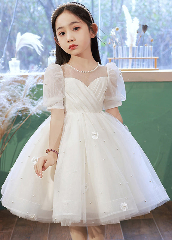 Elegant White Nail Bead Floral Tulle Kids Long Dresses Summer QV013 WS-JRTZSDGL241026