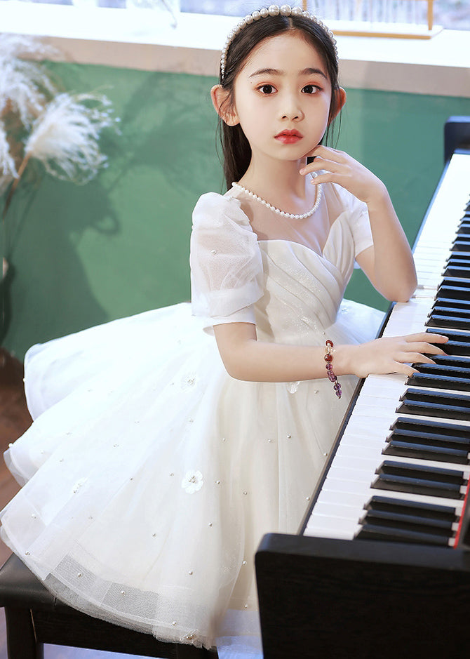 Elegant White Nail Bead Floral Tulle Kids Long Dresses Summer QV013 WS-JRTZSDGL241026