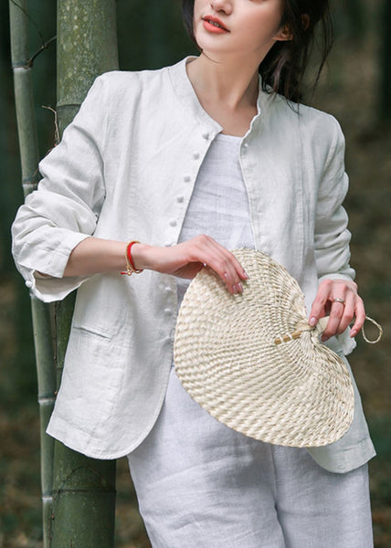 Elegant White O-Neck Button Coats Long Sleeve UU030 OM-MM240820