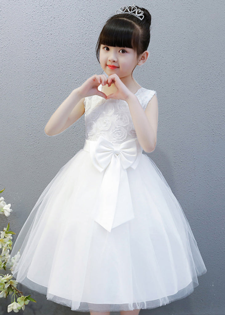 Elegant White O-Neck Floral Bow Tulle Kids Long Gowns Dress Sleeveless XZ048 SDGL240618