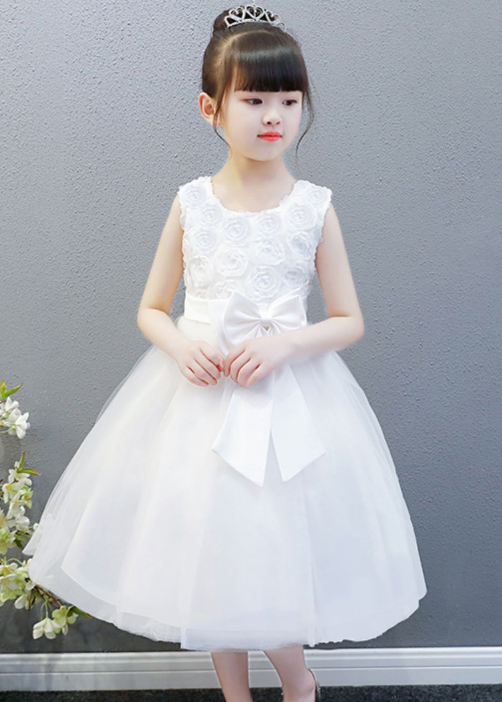 Elegant White O-Neck Floral Bow Tulle Kids Long Gowns Dress Sleeveless XZ048 SDGL240618