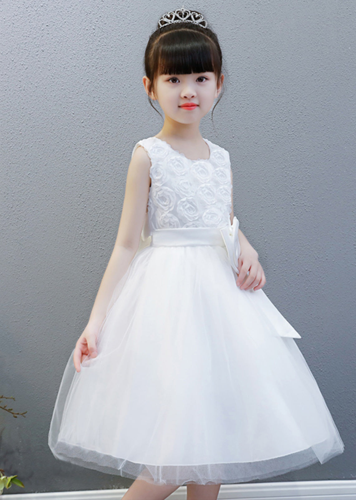 Elegant White O-Neck Floral Bow Tulle Kids Long Gowns Dress Sleeveless XZ048 SDGL240618