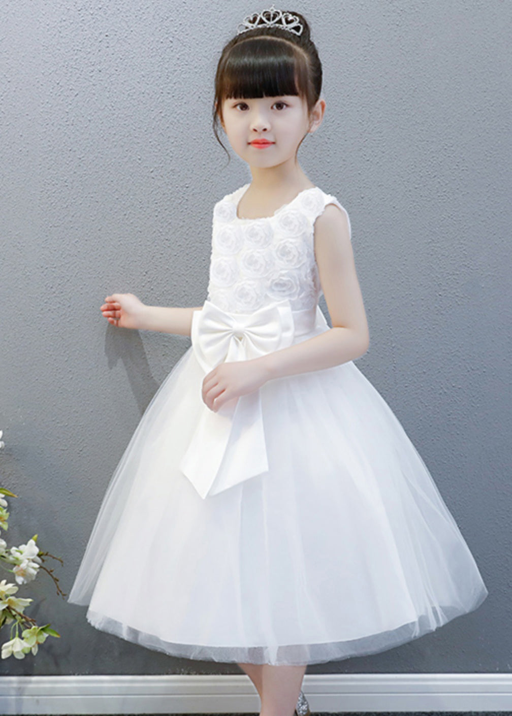 Elegant White O-Neck Floral Bow Tulle Kids Long Gowns Dress Sleeveless XZ048 SDGL240618