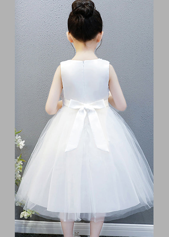 Elegant White O-Neck Floral Bow Tulle Kids Long Gowns Dress Sleeveless XZ048 SDGL240618