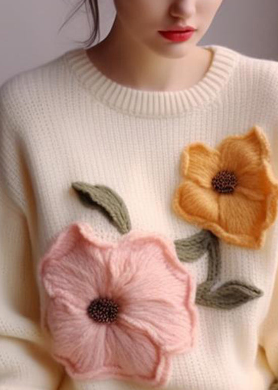 Elegant White O Neck Floral Knit Sweater Tops Fall WO030 HS-NTP241109