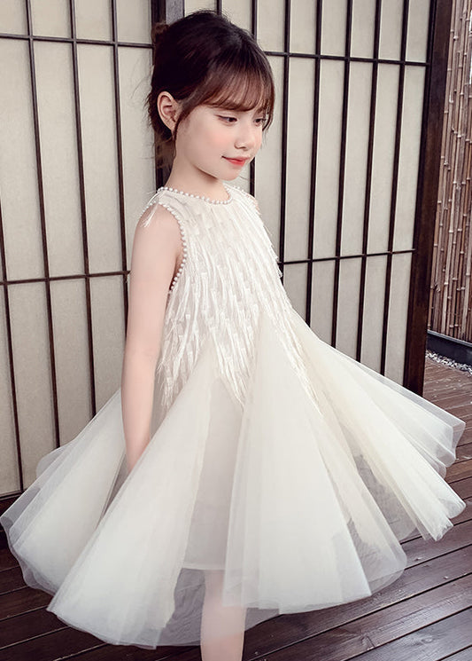 Elegant White O-Neck Nail Bead Tulle Kids Long Dress Sleeveless EW012 WS-JRTZSDL240810