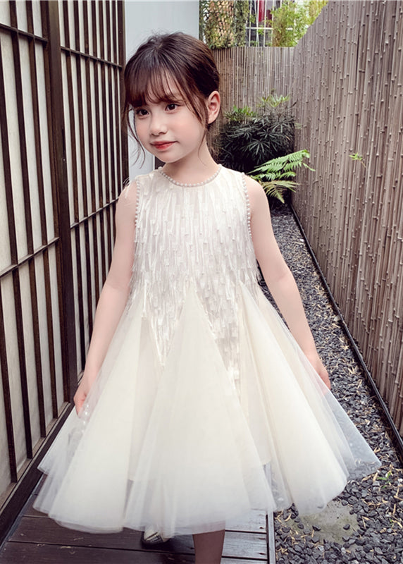 Elegant White O-Neck Nail Bead Tulle Kids Long Dress Sleeveless EW012 WS-JRTZSDL240810