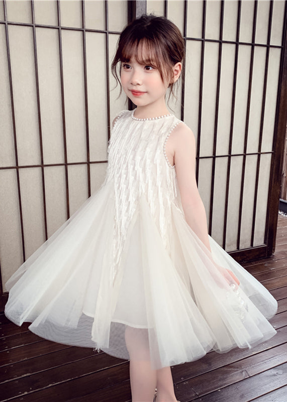 Elegant White O-Neck Nail Bead Tulle Kids Long Dress Sleeveless EW012 WS-JRTZSDL240810