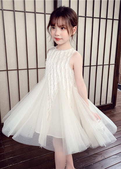Elegant White O-Neck Nail Bead Tulle Kids Long Dress Sleeveless EW012 WS-JRTZSDL240810