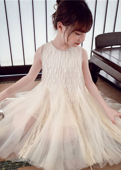 Elegant White O-Neck Nail Bead Tulle Kids Long Dress Sleeveless EW012 WS-JRTZSDL240810
