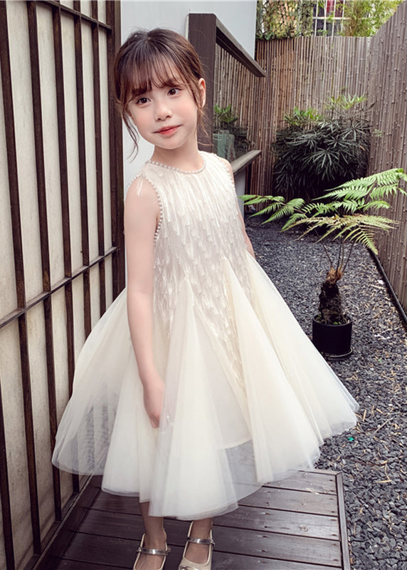 Elegant White O-Neck Nail Bead Tulle Kids Long Dress Sleeveless EW012 WS-JRTZSDL240810