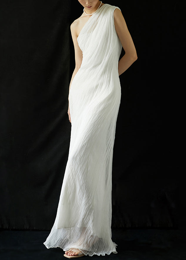 Elegant White One-Shoulder Wrinkled Silk Long Dresses Summer KK068 SH-LF-SDL240602