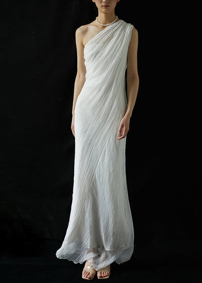 Elegant White One-Shoulder Wrinkled Silk Long Dresses Summer KK068 SH-LF-SDL240602