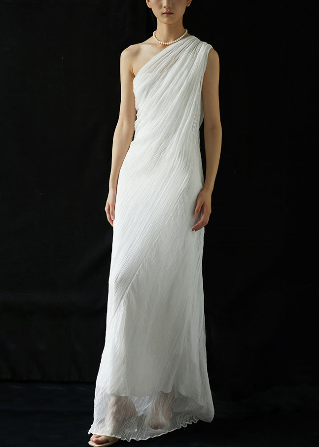 Elegant White One-Shoulder Wrinkled Silk Long Dresses Summer KK068 SH-LF-SDL240602