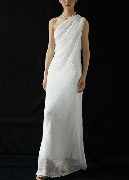 Elegant White One-Shoulder Wrinkled Silk Long Dresses Summer KK068 SH-LF-SDL240602