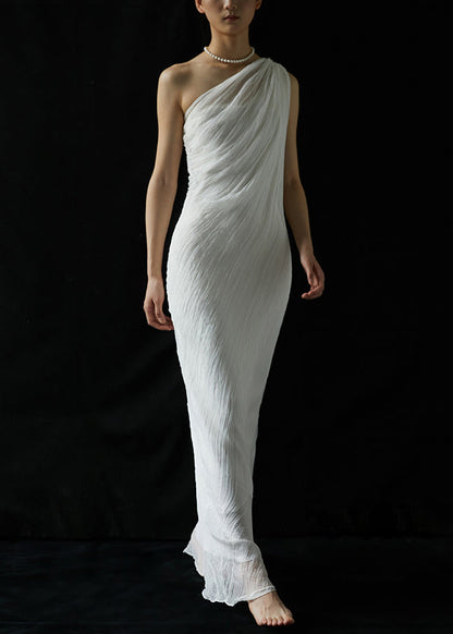 Elegant White One-Shoulder Wrinkled Silk Long Dresses Summer KK068 SH-LF-SDL240602