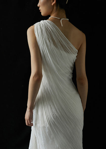 Elegant White One-Shoulder Wrinkled Silk Long Dresses Summer KK068 SH-LF-SDL240602