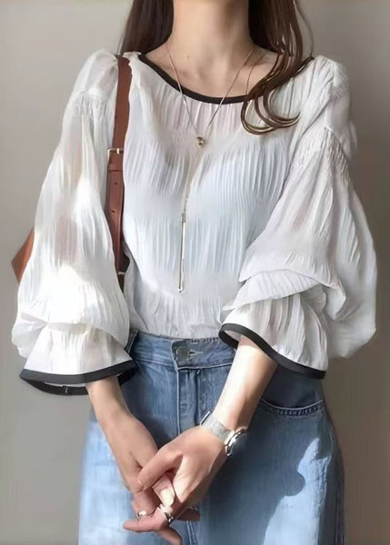 Elegant Oversized Tops Lantern Shirt White Sleeve Chiffon FashionChic