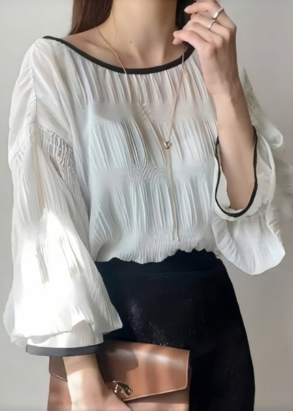 Elegant Oversized Tops Lantern Shirt White Sleeve Chiffon FashionChic