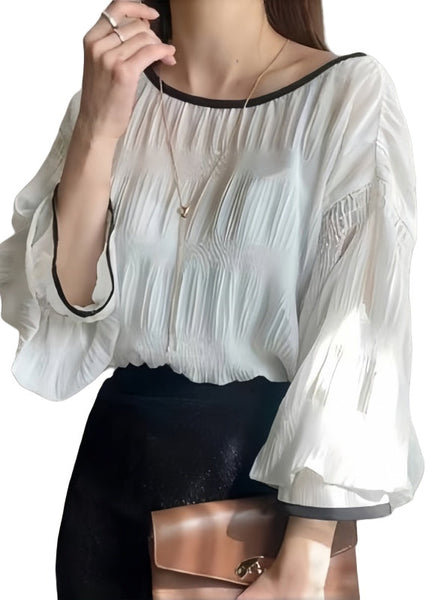 Elegant Oversized Tops Lantern Shirt White Sleeve Chiffon FashionChic