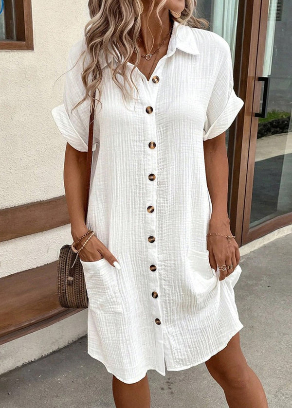 Elegant White Peter Pan Collar Button Pockets Cotton Shirt Dress Summer QE001 MZF-SDM240927