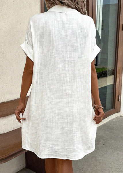Elegant White Peter Pan Collar Button Pockets Cotton Shirt Dress Summer QE001 MZF-SDM240927