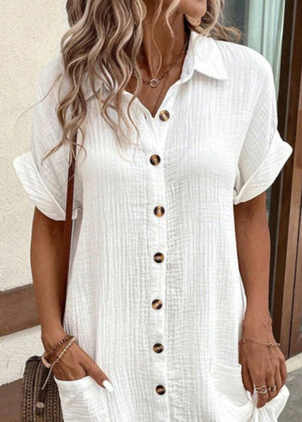 Elegant White Peter Pan Collar Button Pockets Cotton Shirt Dress Summer QE001 MZF-SDM240927