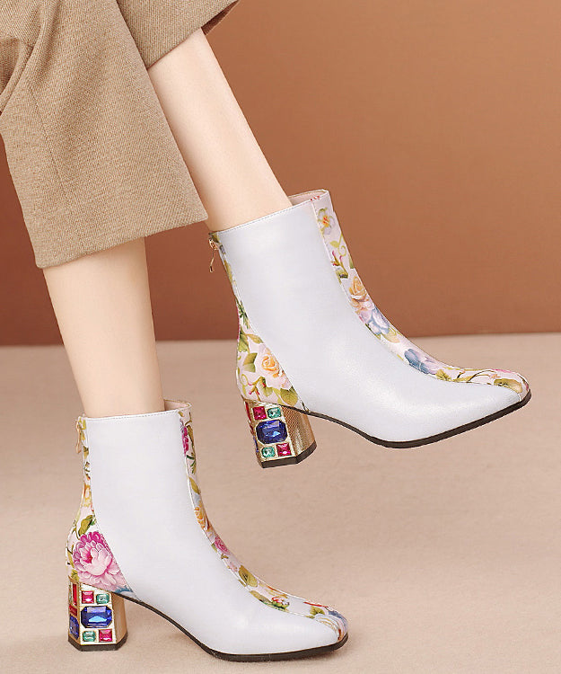 Elegant White Print Zircon Cowhide Leather Chunky Boots RT1057 Ada Fashion