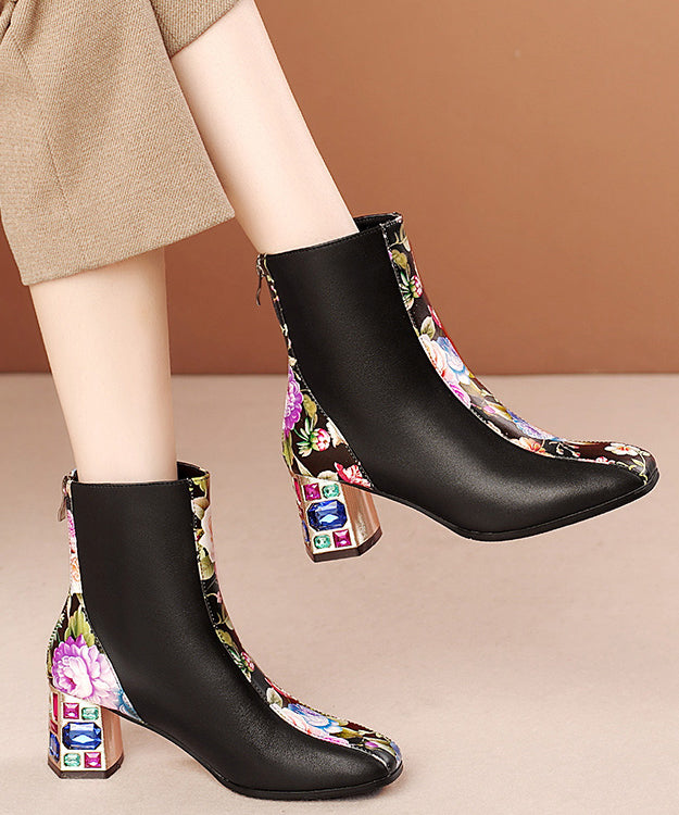 Elegant White Print Zircon Cowhide Leather Chunky Boots RT1057 Ada Fashion