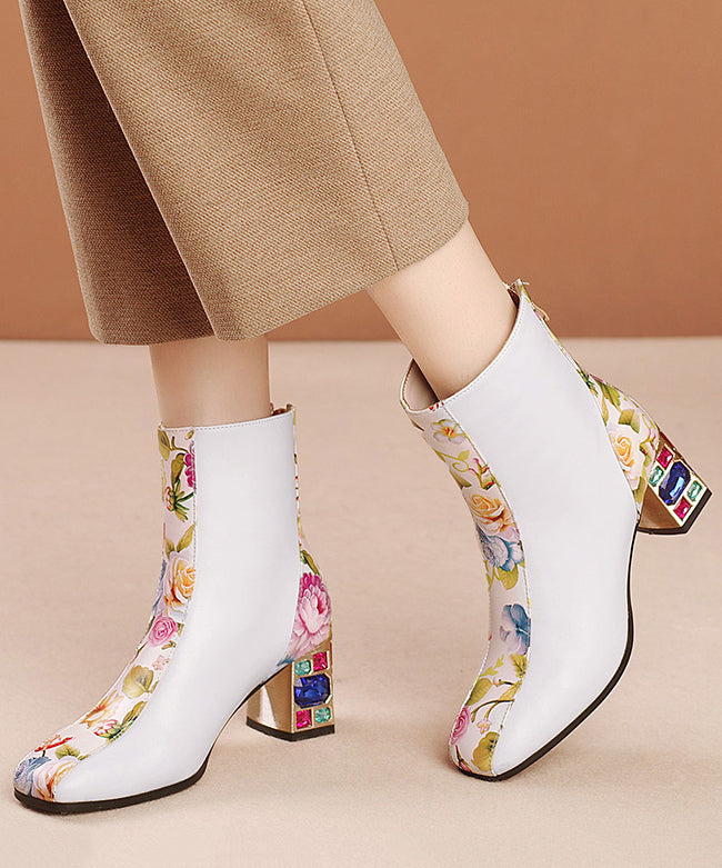 Elegant White Print Zircon Cowhide Leather Chunky Boots RT1057 Ada Fashion