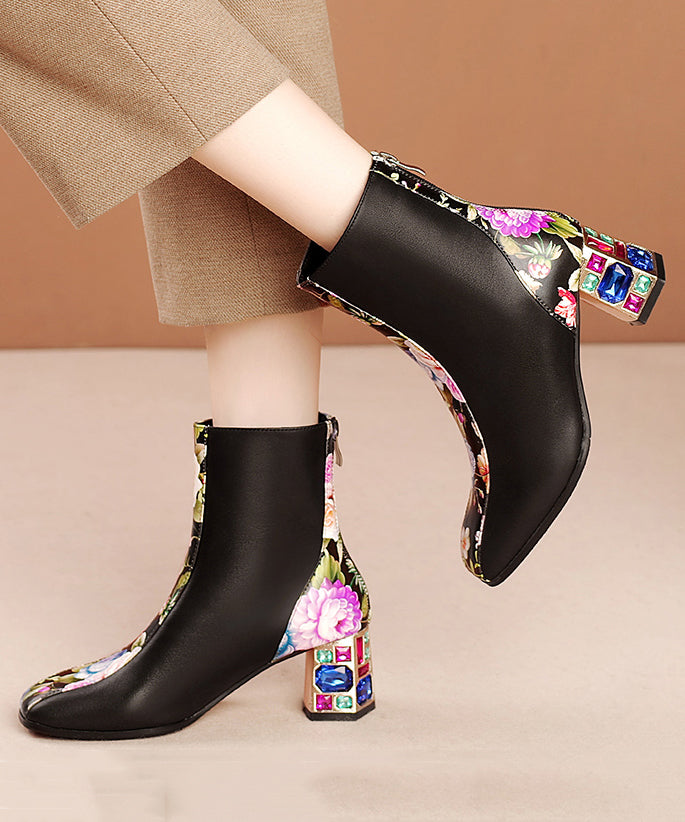 Elegant White Print Zircon Cowhide Leather Chunky Boots RT1057 Ada Fashion