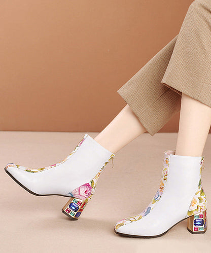 Elegant White Print Zircon Cowhide Leather Chunky Boots RT1057 Ada Fashion